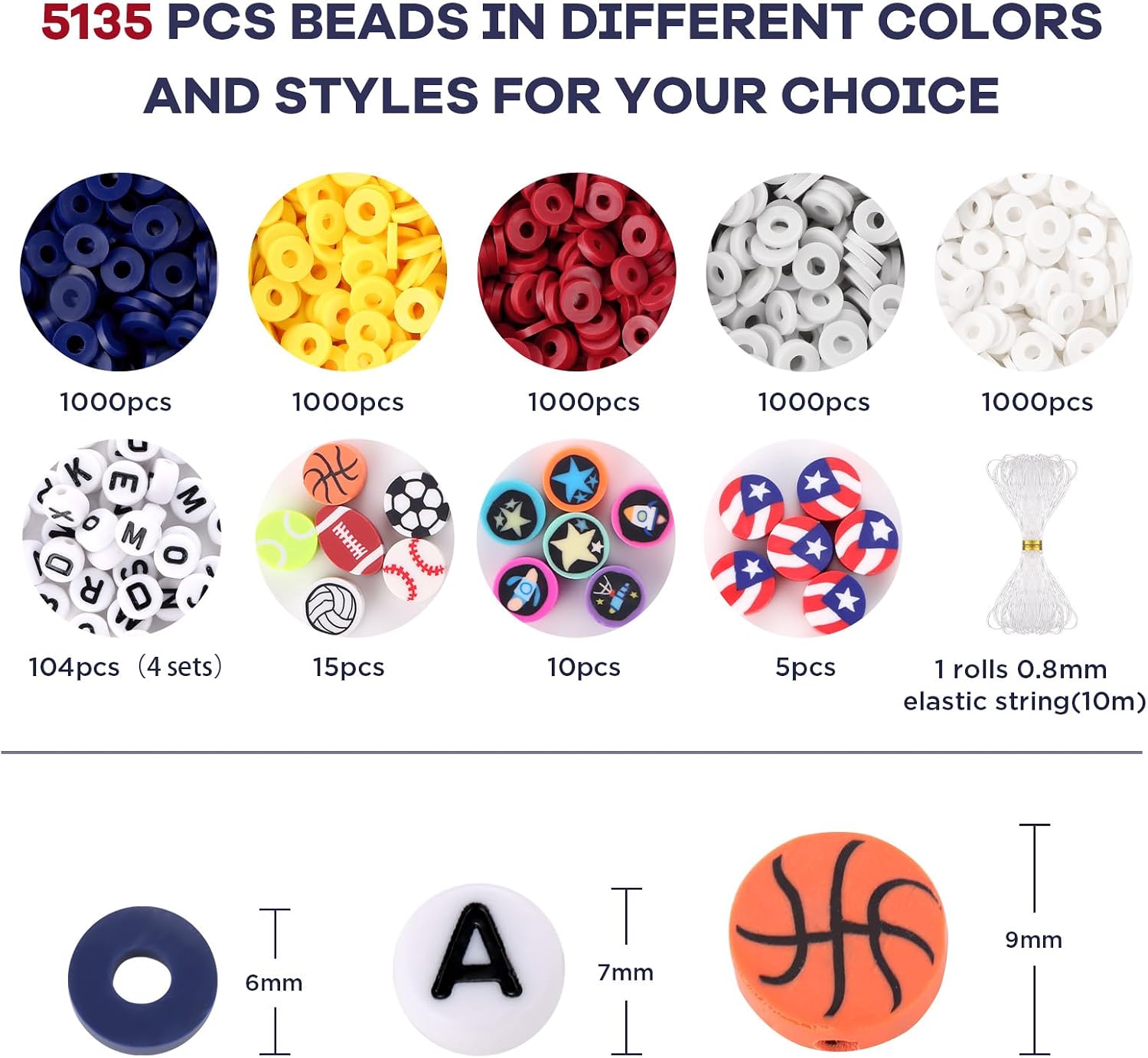 Red White and Blue Clay Beads, Clay Beads for Bracelet Making, Funtopia 5000 Pcs Heishi Flat Round Bead, Friendship Bracelet Kit with Letter Sports Bead, Birthday DIY Craft for Boys Adults