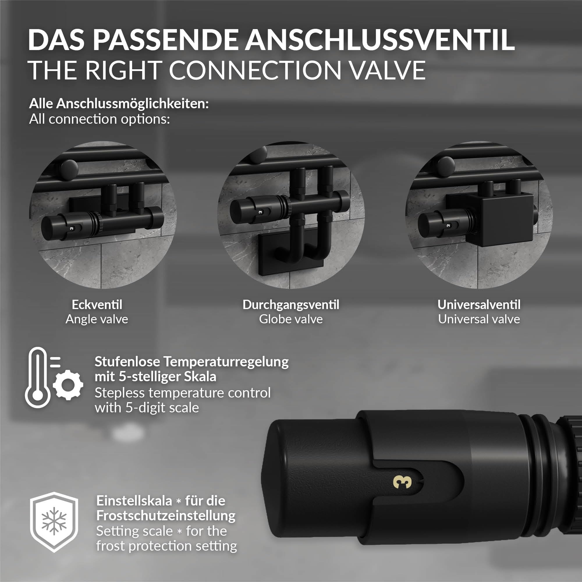 LuxeBath Ventil-Armaturen Set Multiblock Schwarz Eckform Rohre aus Wand mit Thermostatkopf für Badheizkörper Mittelanschluss Anschlussgarnitur Anschlussarmatur Hahnblock Heizkörperventil Eckausführung