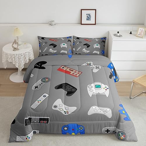 Feelyou Juego de edredón de consola de videojuegos gris para niños y niñas, edredón de varios videojuegos, juego de edredón moderno con controlador