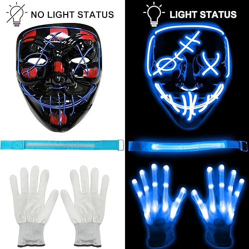 Miniatura 5 de 3 Set Halloween Led Mask Light Up Scary Mask Gloves and led Armbands Glow in the Dark Halloween Costume Party for Adult Kid