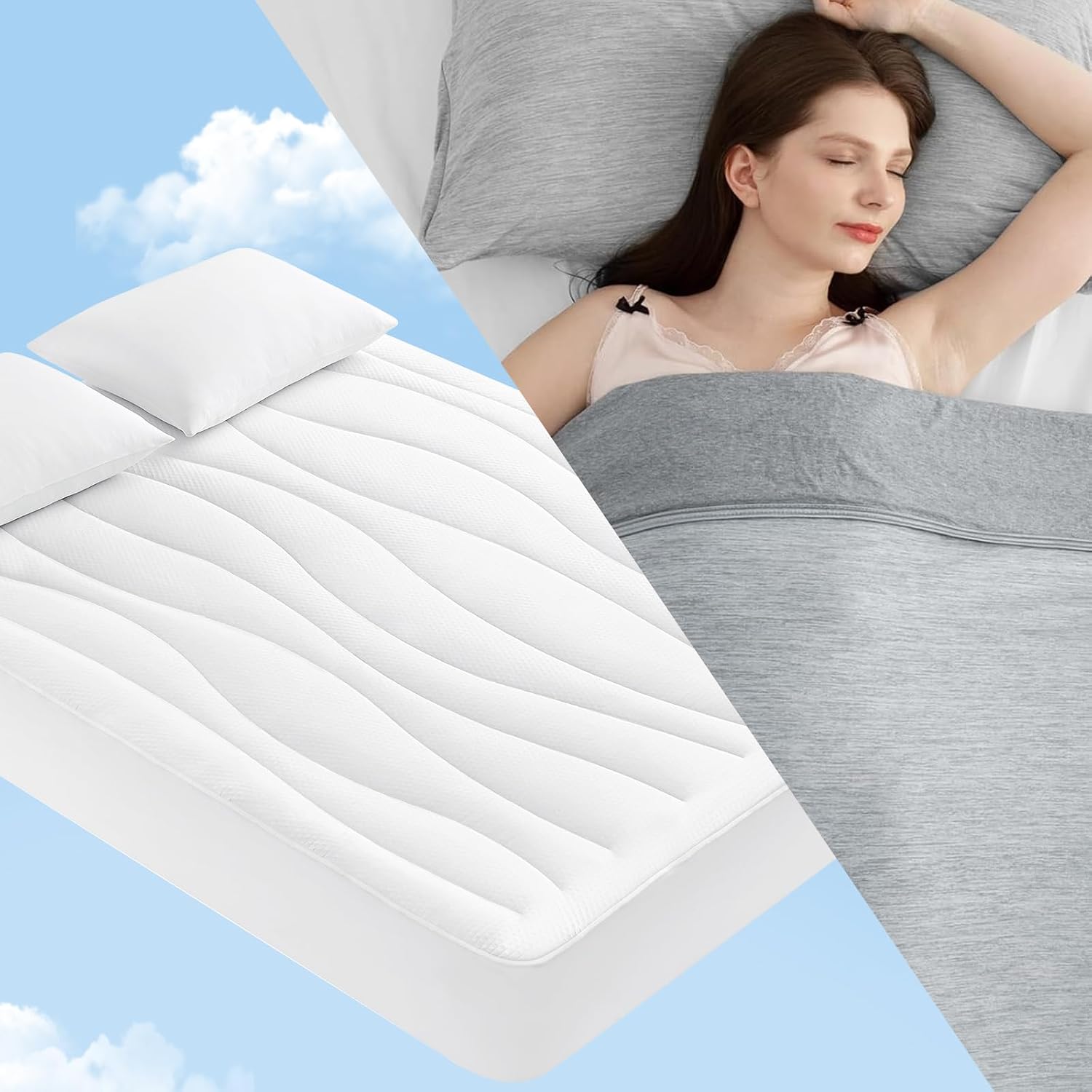 Elegear Cooling Blanket Throw Gray + PCM Cooling Mattress Pad Queen White Bundle
