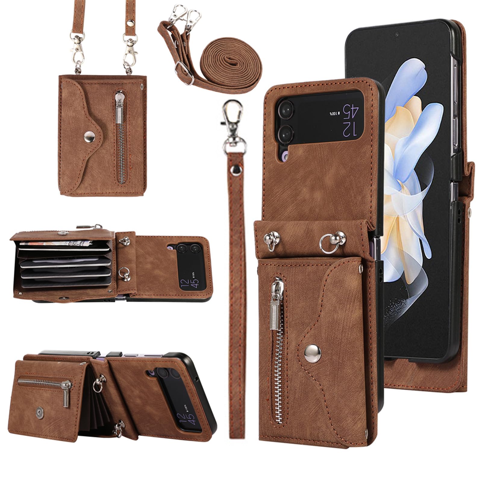 Phone Case for Samsung Galaxy Z Flip 4 5G 2022 Wallet Cover with Wrist Crossbody Strap Lanyard Credit Card Holder Stand Shoulder Slot Leather Cell Accessories ZFlip4 Z4 Flip4 4Z Women Men Brown
