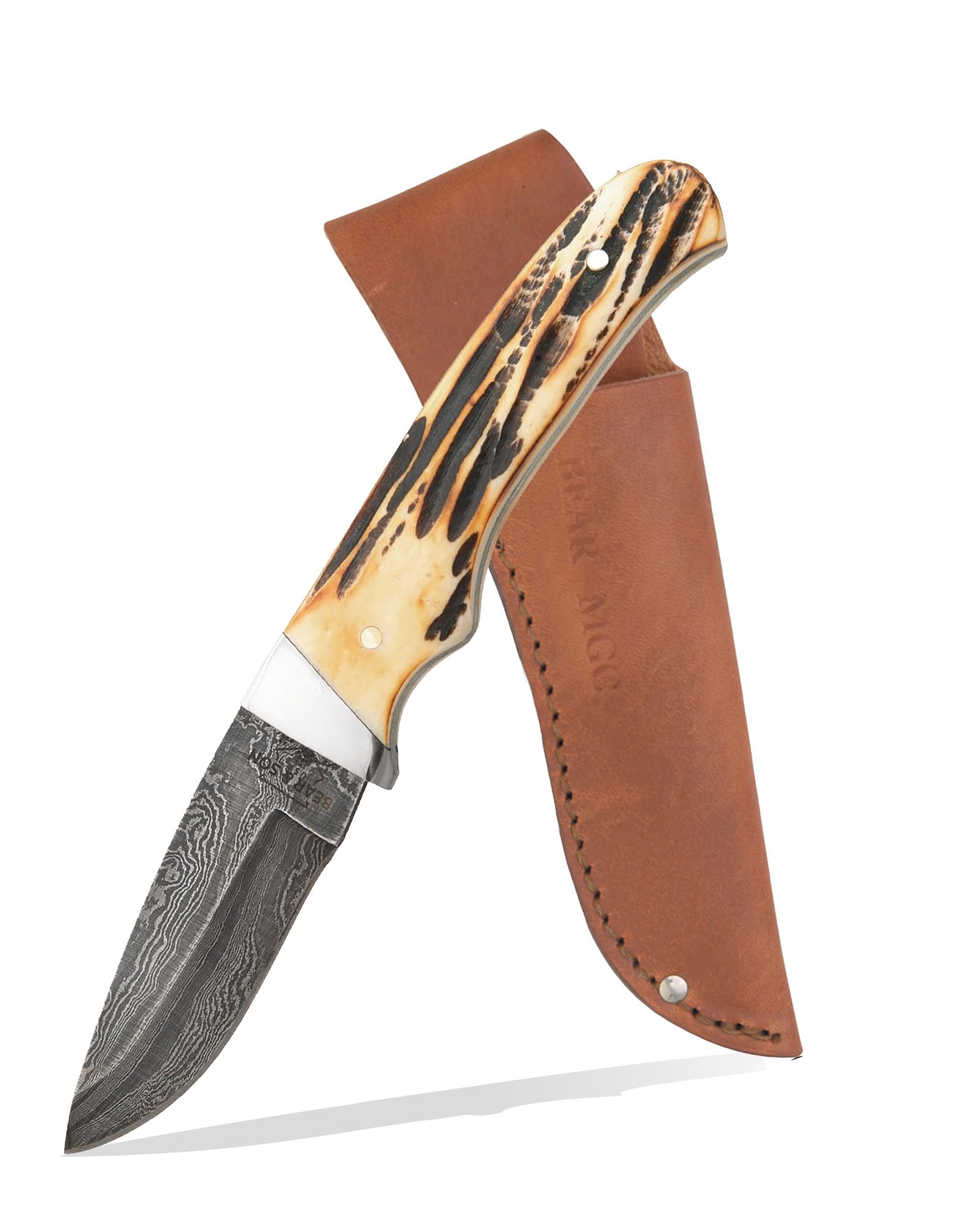 Bear & Son Cutlery 7" GENUINE INDIA STAG BONE™ SKINNER W/LEATHER SHEATH