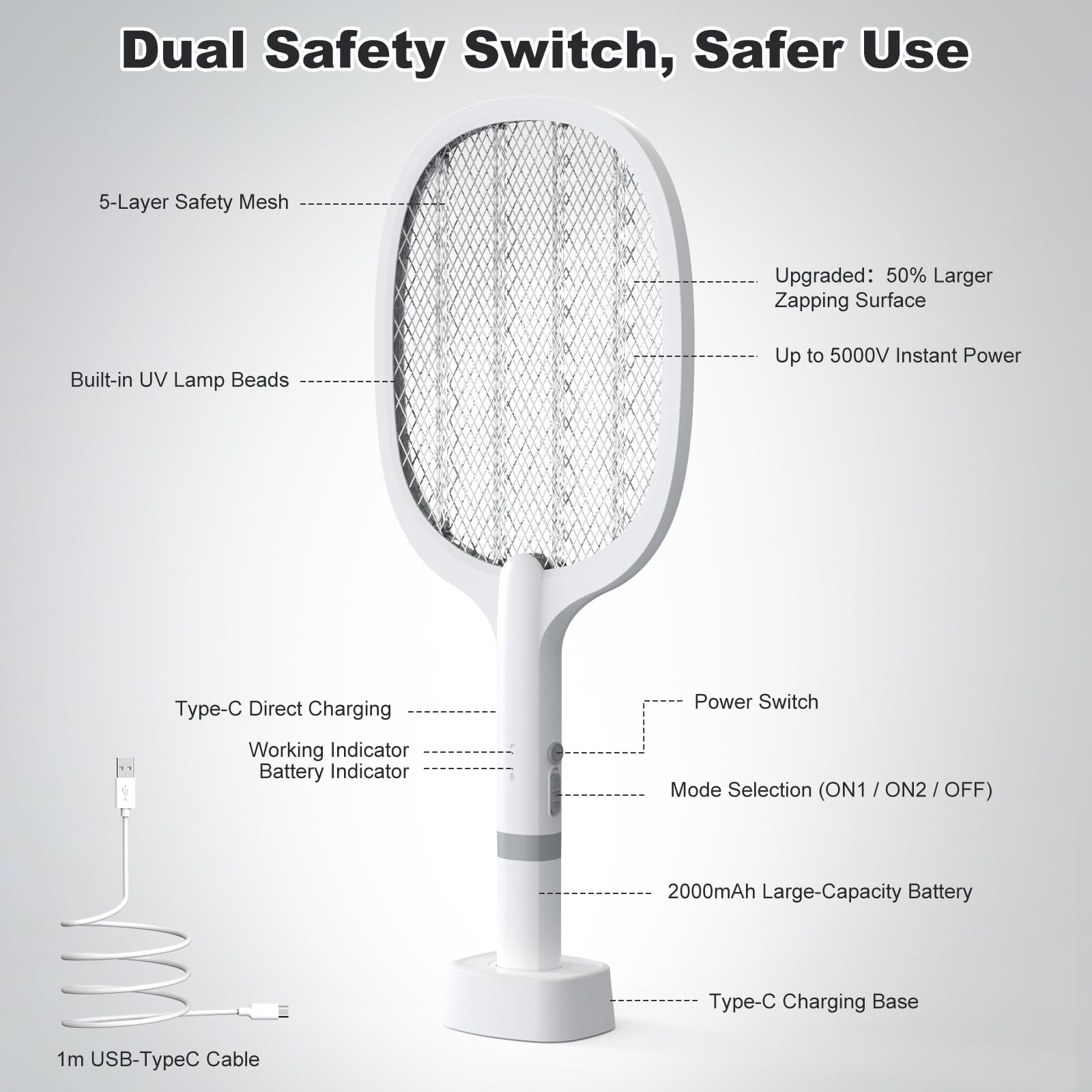 Raqueta Matamoscas Electrica, 2 en 1 5000V Raqueta Mosquitos Eléctrico con Base Recargable, 2 Modos, Protección de Malla de Tres Capas, para Uso en Interiores y al Aire Libre