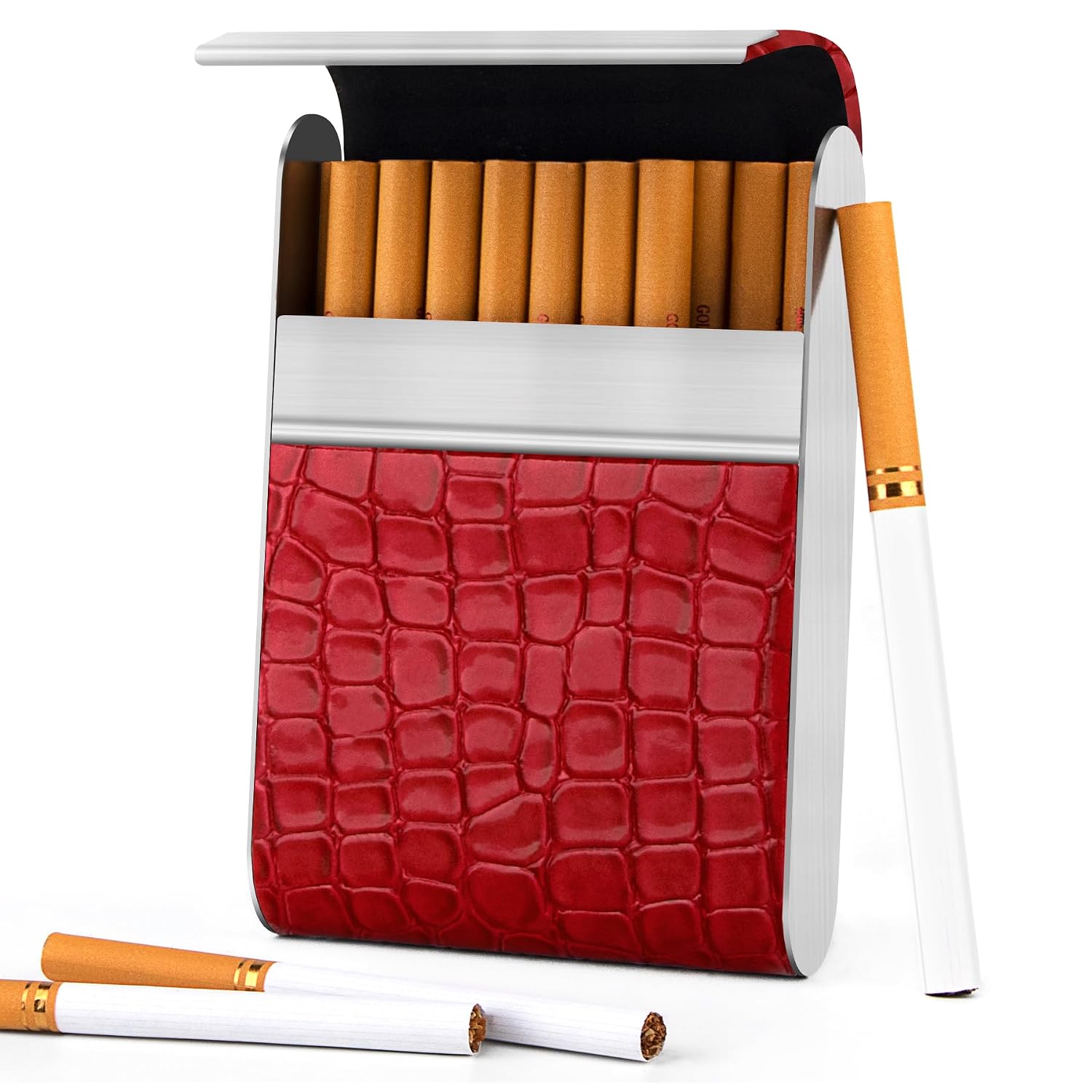 BVYA Premium PU Leather Stainless Steel Cigarette Case Box, One-Hand Operate Cigarette Pocket Holder Case for Men and Women