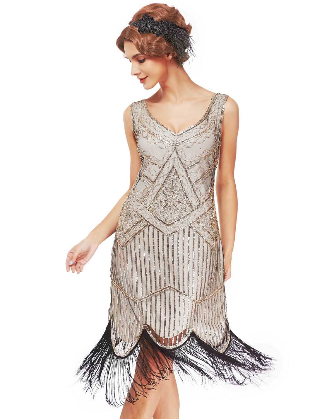 uniq sense xs-4xl Women's Roaring 20s V-Neck Gatsby Dresses- Vintage Inpired Sequin Beaded Flapper Dresses