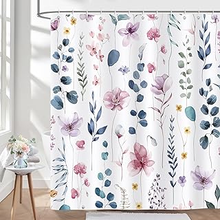 Bonhause Watercolor Floral Shower Curtain, Pink Blue Flower Leaves Modern Minimalist Bathroom Decor 72 x 72 Inch Polyester Fabric Waterproof Bath Curtain with 12 Hooks
