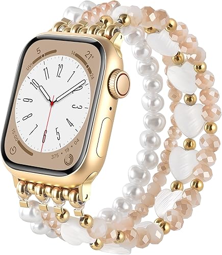 Miniatura 20 de Airspo Brazaletes de cuentas doradas, para Apple Watch Band de 1.49, 1.57, 1.61, 1.65, 1.73 y 1.77 pulgadas, correa elástica para iWatch Series 11,