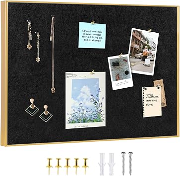 Golden Aluminum Framed Pin Board with Black Felt, Approx. 17 x 13 inches Bulletin Board with Pins, Eye Bolts, gaskets, Screws, Cork Board Alternative for Office, School and HomeAL-BK-3343