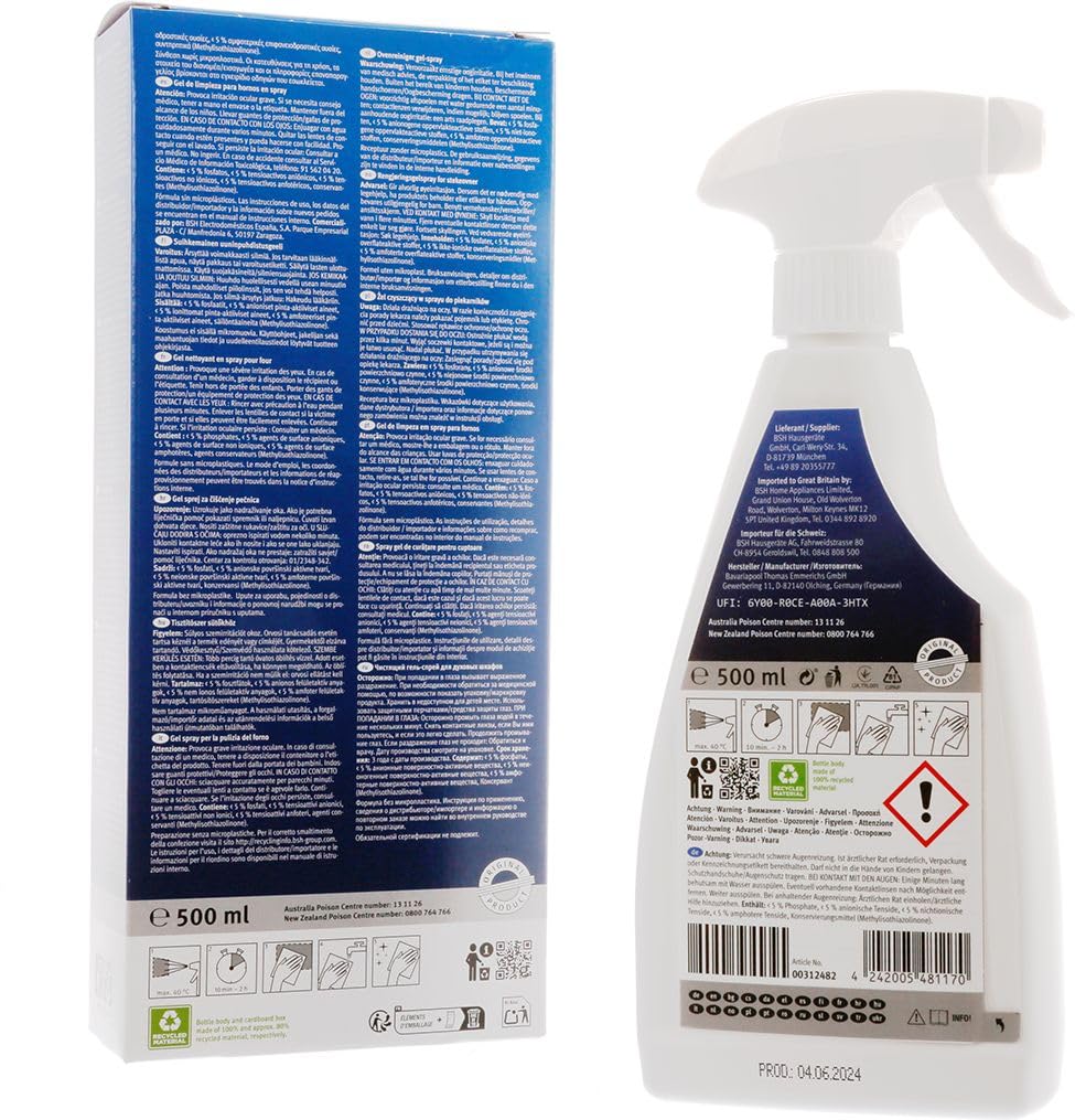 Gel detergente spray per forni - 500ml 00312482 compatibile con Bosch Siemens Neff Gaggenau 2025 NEW con panno microfibra 30 X 30 cm. Sostituzione per 00461868, 00460738, 00312298, 00311875, 00311860