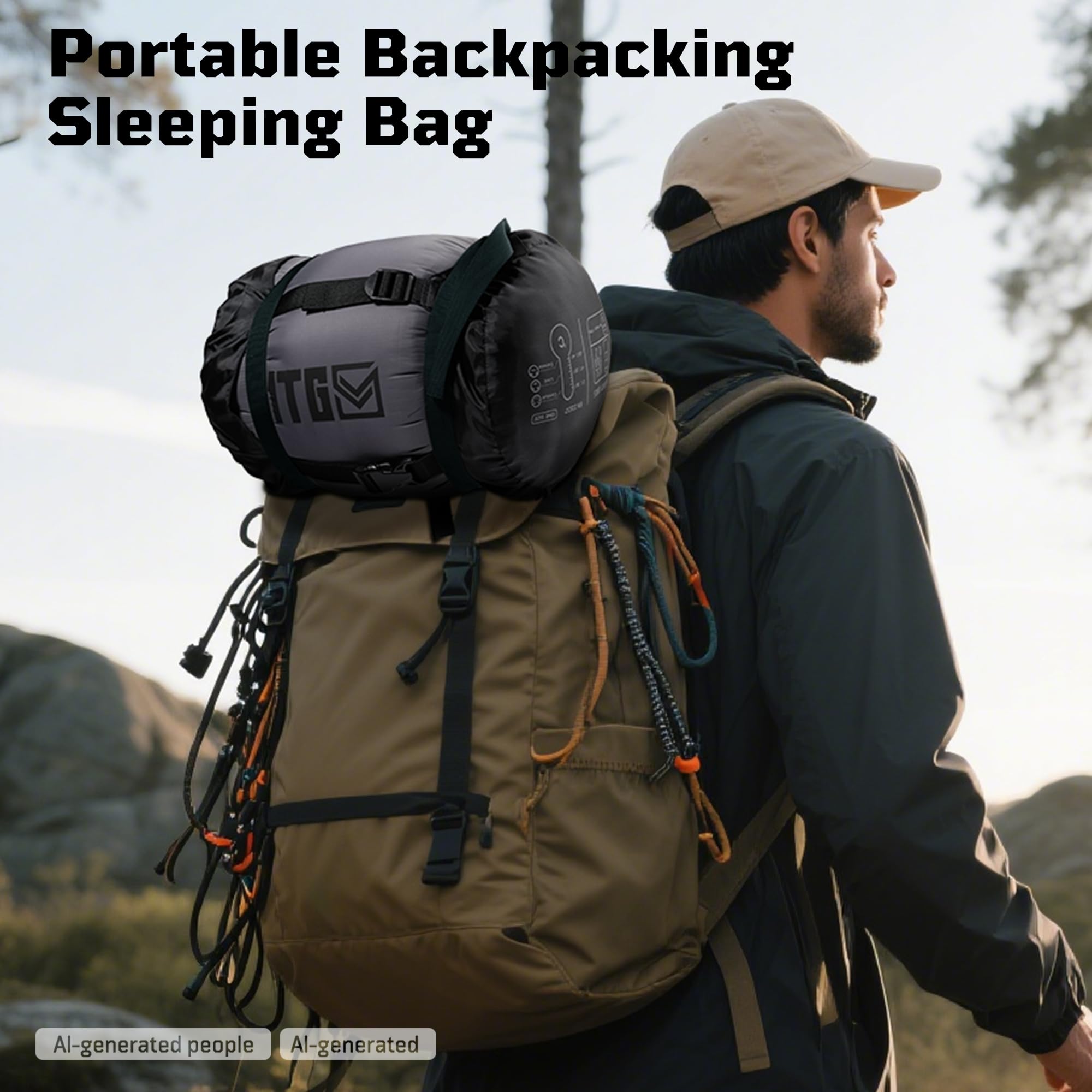 Sac de couchage momie pour adultes, sac de couchage de camping par temps froid (-3,9 à 2,2 °C) avec capuche réglable, poche pour téléphone, sac de compression pour le camping, la randonnée