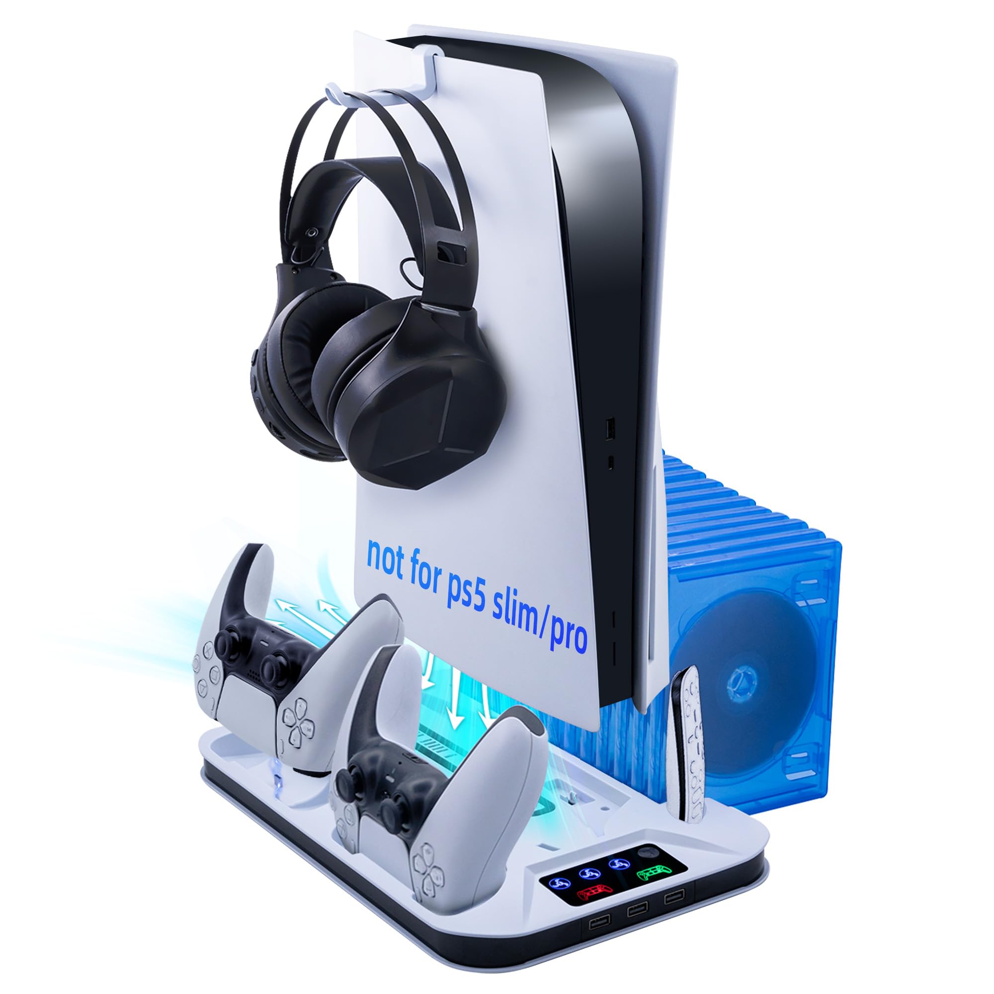 Wigearss Supporto Verticale di Raffreddamento PS5 con 3 Livelli di Velocità Regolabile del Ventilatore, Doppio Controller di Caricatore per PS5 UHD/Digital Edition, Non per PS5 Slim/PS5 Pro