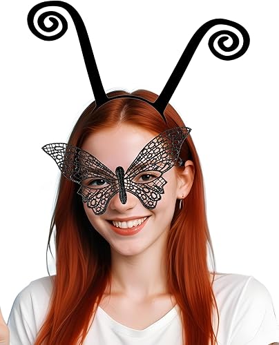 Miniatura 2 de QLINLEAF Diadema de antena de hormiga, máscara de encaje de mariposa para mujer, Halloween, fiesta de máscaras, cosplay, accesorios de disfraz