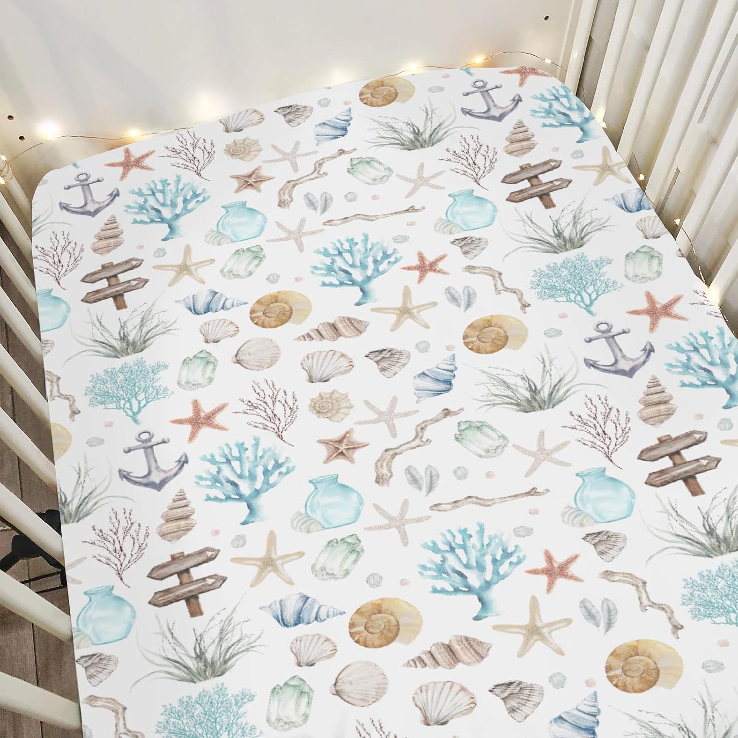 Ocean Boho Summer Baby Crib Sheets for Boy Girl 52"x28" Seashells Conch Starfish Corals Anchors Soft Stretchy Fitted Crib Mattress Cover Nautical Life Baby Sheet for Standard Crib & Toddler Mattress