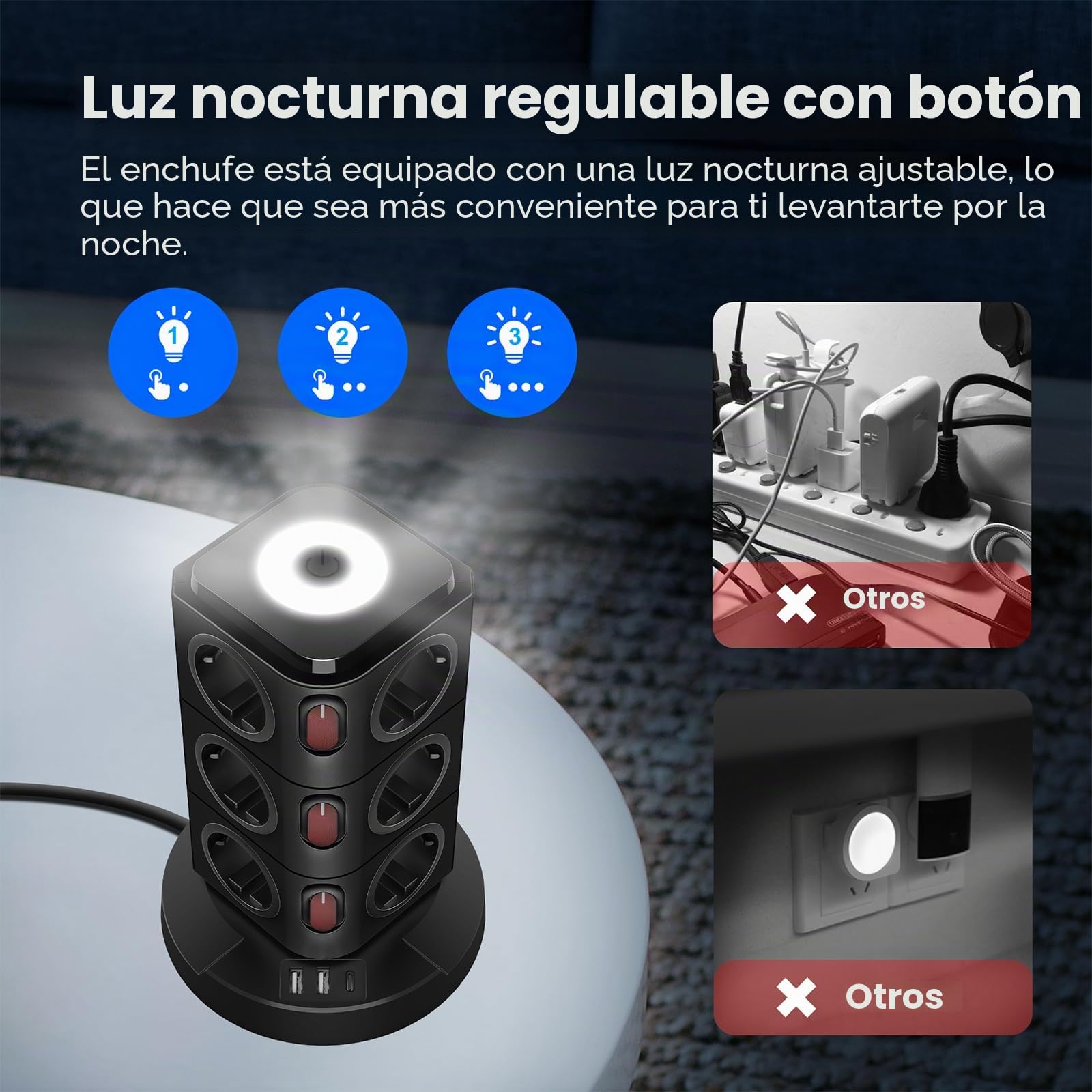 Acodot Torre Regleta Enchufes Vertical, Regleta USB 12 Tomas de AC y 3 USB Enchufe Multiple, Regletas Enchufes Proteccion Sobretension, 5M Regreltas Vertical con Interruptor para Mesa Oficia Casa