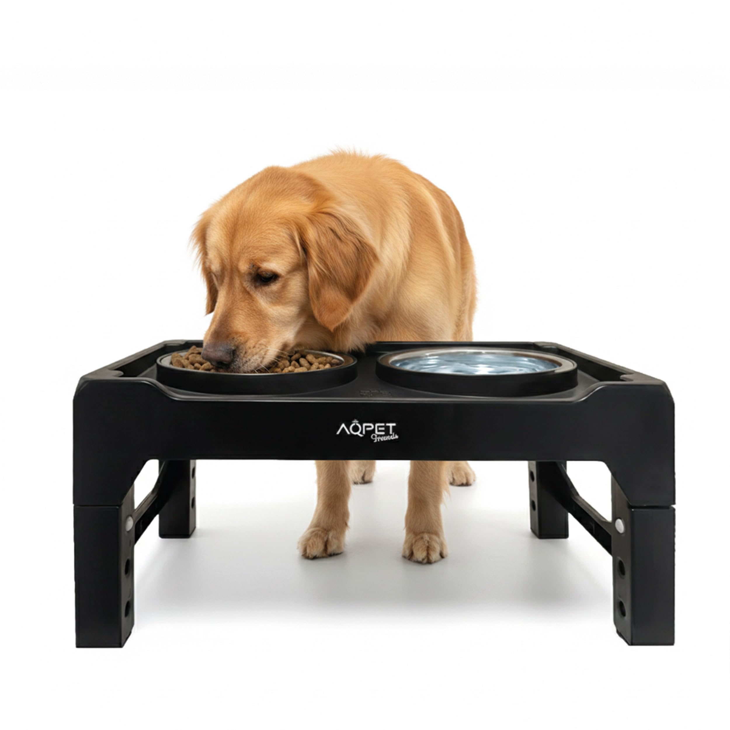 AqpetFriends Porta Ciotole Rialzato per Cani a 3 Livelli Regolabili – Supporto Antiscivolo 40x22x8-26h cm con 2 Ciotole in Acciaio Inox Ø14 cm – Migliora la Postura Durante il Pasto