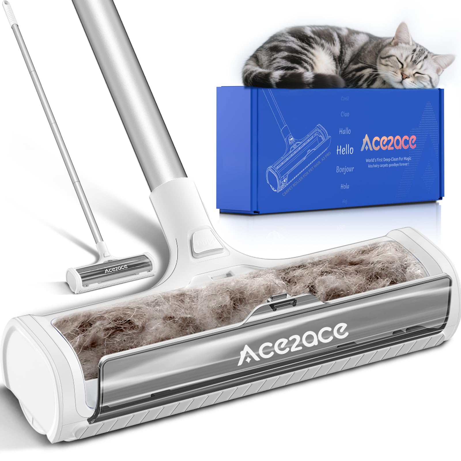 ACE2ACE Teppichrolle für Tierhaare, Teppichbürste Tierhaare, Tierhaarentferner Teppich für Hundehaare and Katzenhaare, kein Bücken, kein Knien, 1,5 m Langer Griff, Gray