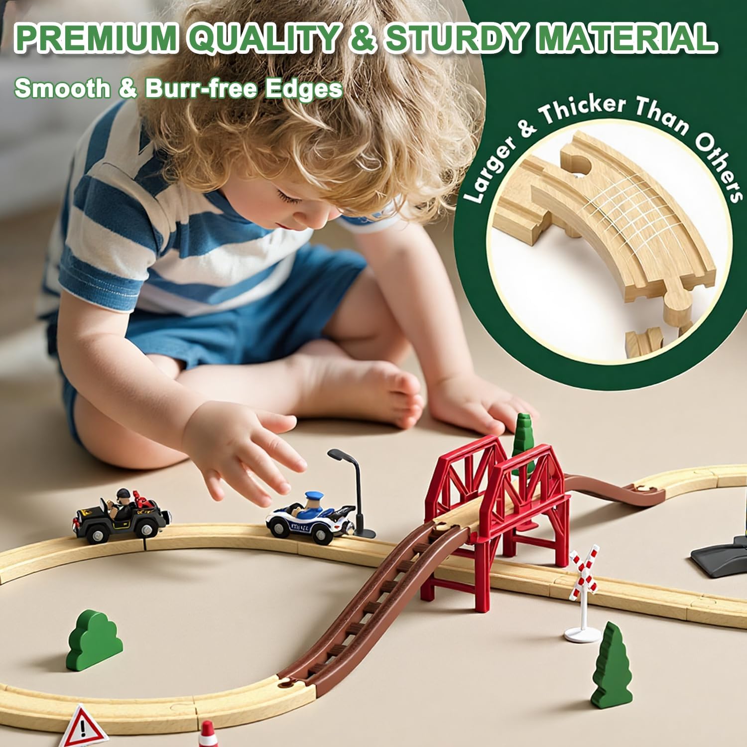Wooden Train Set for Toddlers, 52Pcs Train Toy with Railway Track for Kids, Wooden Train Tracks Include Expansion Pack Compatible with Thomas, Brio, Chuggington - Image 4