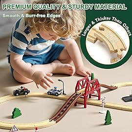 Wooden Train Set for Toddlers, 52Pcs Train Toy with Railway Track for Kids, Wooden Train Tracks Include Expansion Pack Compatible with Thomas, Brio, Chuggington