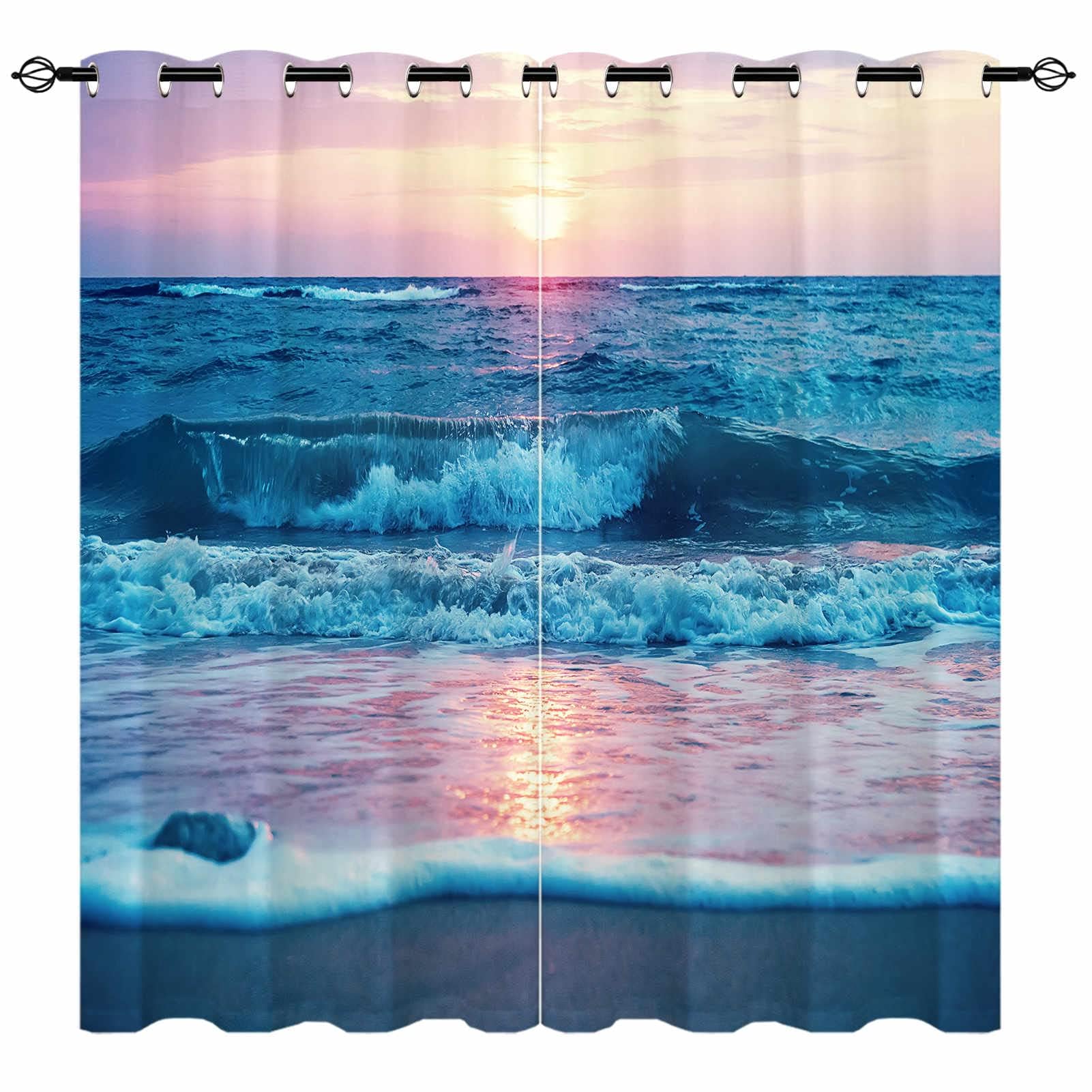 YUANZU Wave Sunrise Curtains - Beach Tropical Ocean Sea Seaside Nature Scenery Print Pattern Eyelet Blackout Thermal Room Darkening Window Drapes for Bedroom Living Room 2 Panels W229cm x D183cm