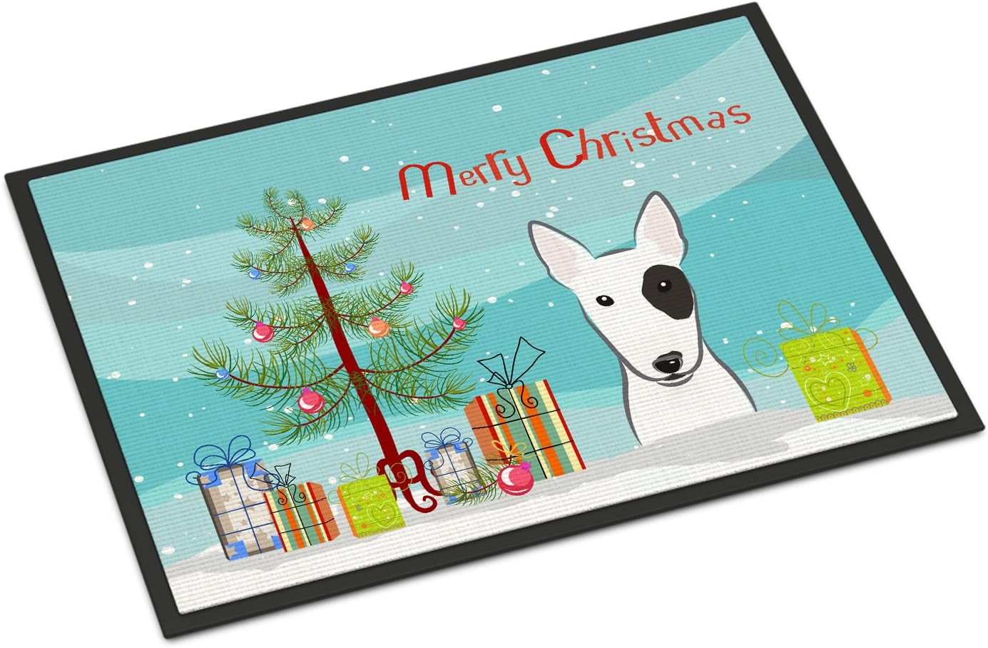 Caroline's Treasures BB1581MAT Christmas Tree and Bull Terrier Doormat 18x27 Front Door Mat Indoor Outdoor Rugs for Entryway, Non Slip Washable Low Pile, 18H X 27W