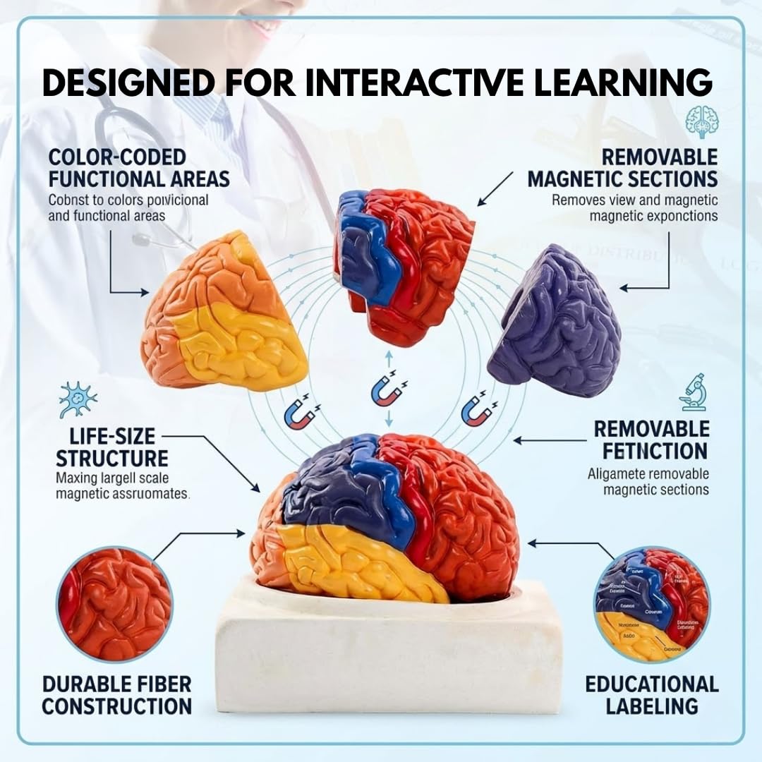 ISKO® Human Brain Model Anatomy Color-Coded Life Size Teaching Anatomy of Brain for Science Classroom Study Display Teaching With Human Brain Anatomical Model with Magnetic parts 3