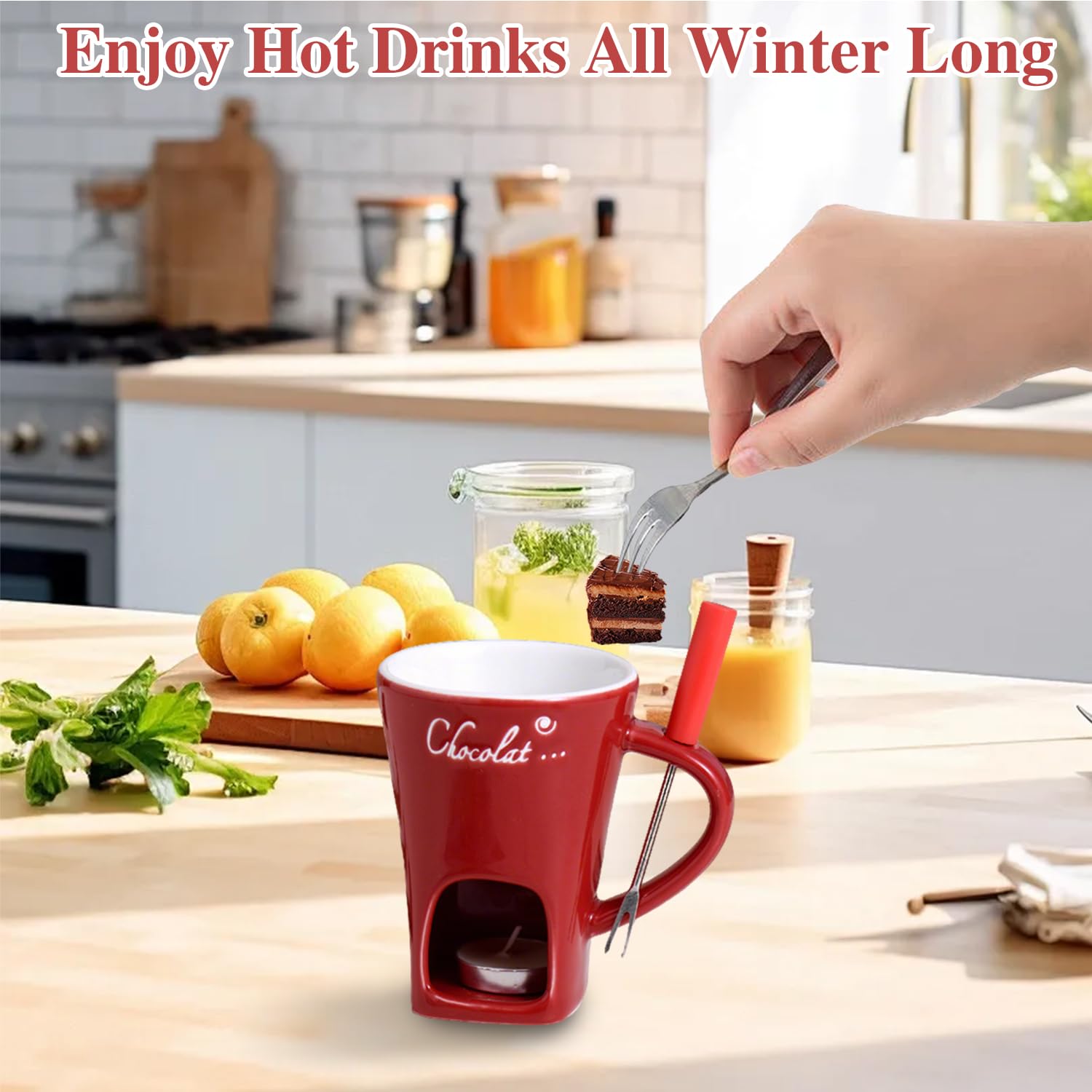Chocolate Fondue Set Fondue Mug with Fondue Forks 200ml Hot Chocolate Mug Ceramic Fondue Pot Melting Cup Mug Gift Fondue Cheese Chocolate Mini Fondue Set for Office School Home (NO Candles) - Image 3
