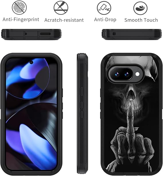 Google Pixel 9a用携帯電話ケース、ミリタリーグレードヘビーデューティー3層耐衝撃落下保護カバーGoogle Pixel 9a6.3インチ、2025年用、ファニースケルトンスカル