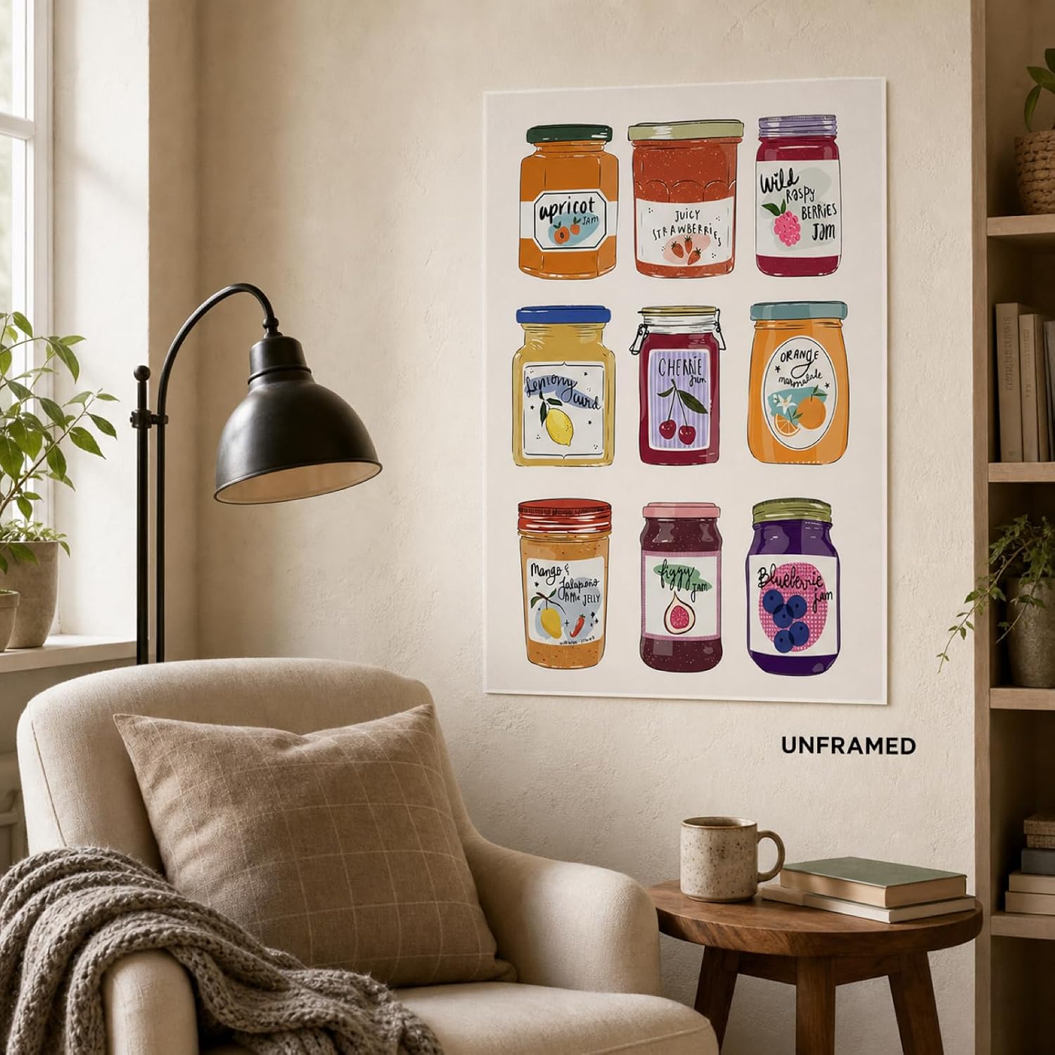 ZHBJSM Cute Jars Wall Art Vibrant Fruit Jam Preserves Whimsical Decor Farmhouse Kitchen Dining Room Breakfast Nook Cheerful Home Office Stylish Cozy Interior Accent 16x24 Inch Unframed