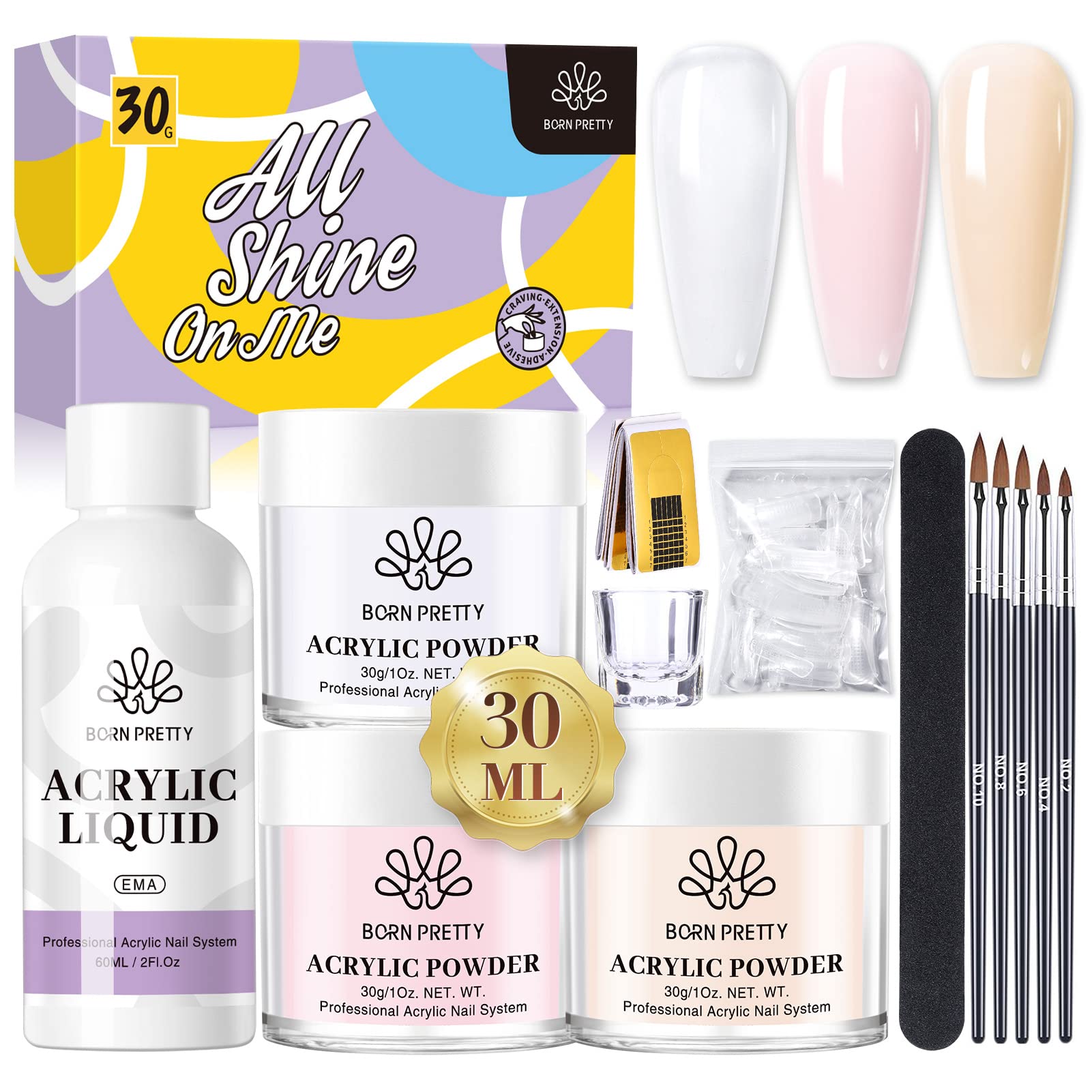 Born PrettyAcrylic Powder and Liquid Set - Clear Nude Pink Nail Kit With Monomer for Extension - 30g(1oz) Beginner Starter Set