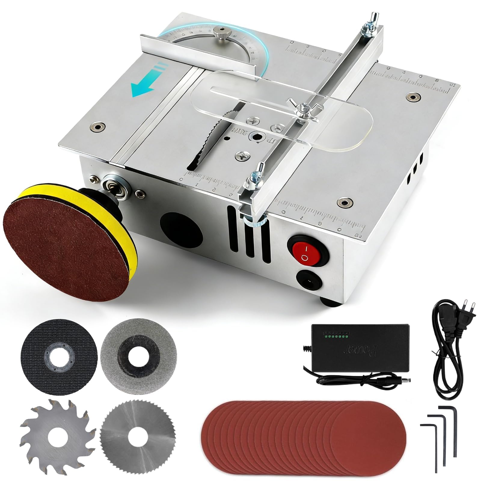 VOBOR Mini Sega Circolare da Tavolo con Disco per Lucidatura e 4 Lame, Altezza Regolabile, Alimentatore a 7 Marce, Lama per Sega da 0,1 a 15 mm, per Legno Fatto a Mano