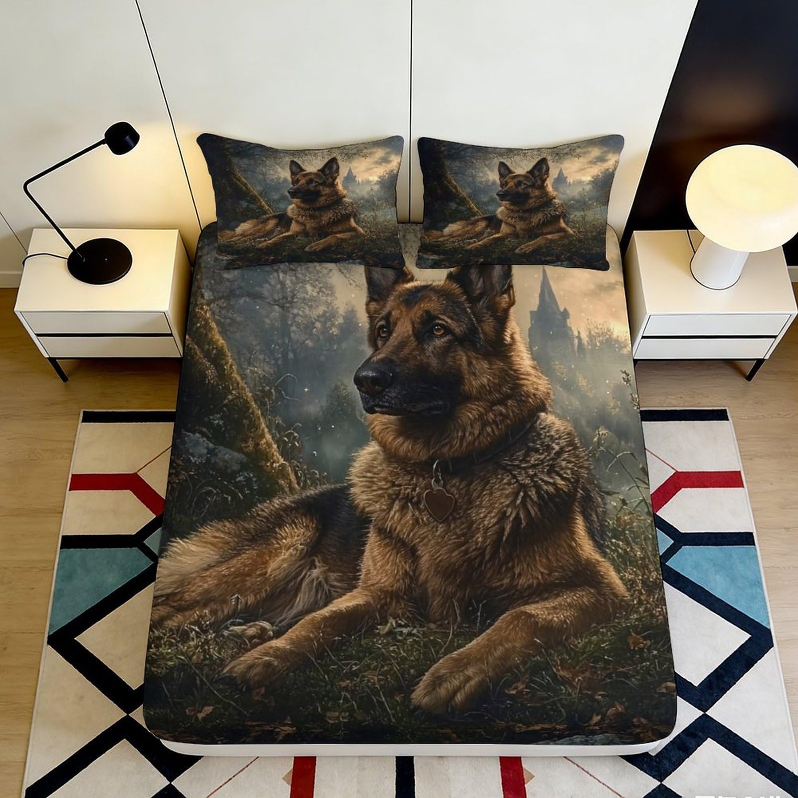 3D Printed German Shepherd Fitted Sheet Microfiber Soft Breathable Forest Bed Cover for Bedroom Guest Room Decor 90x200x25cm