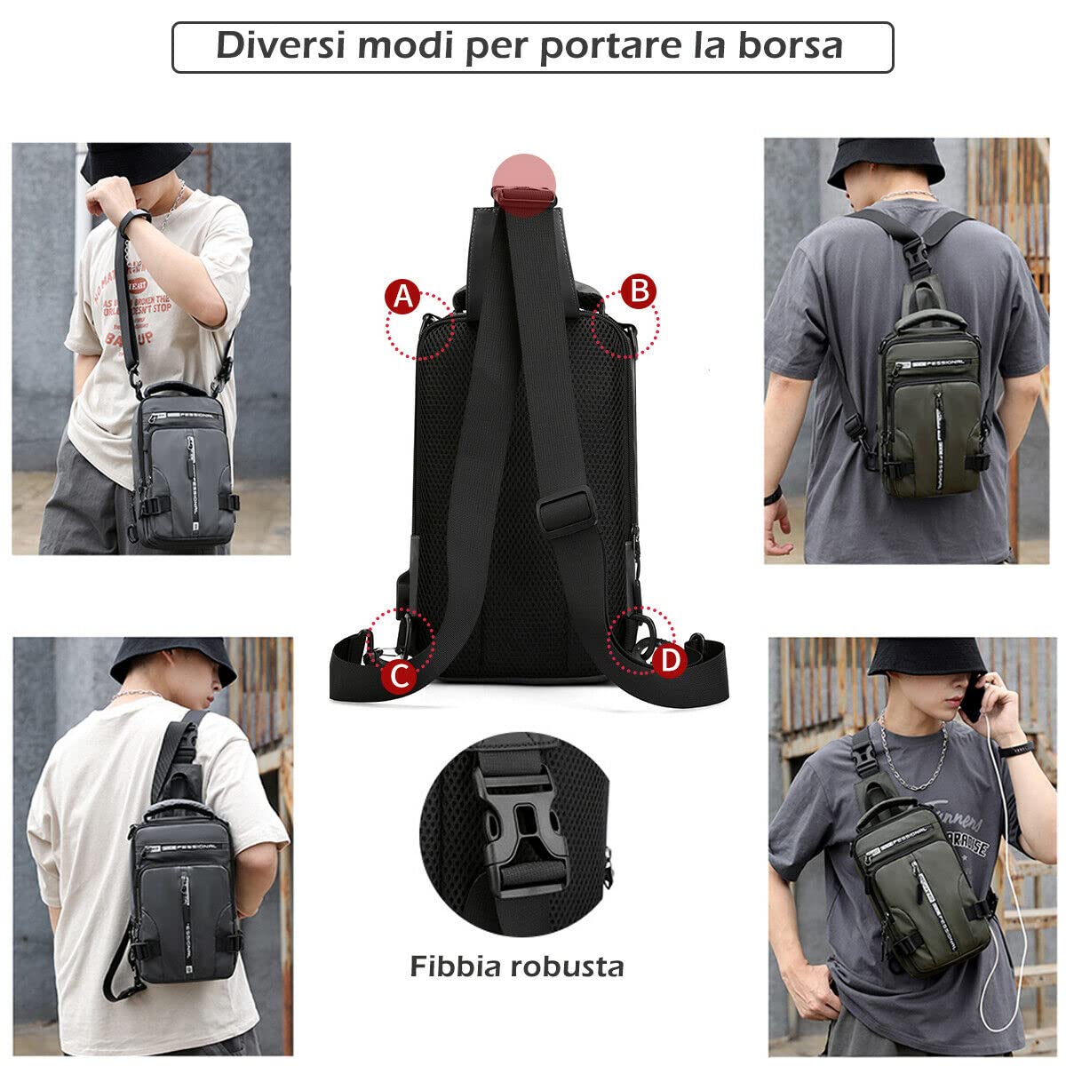 Mixroom - Zaino Monospalla Uomo Porta Tablet Zainetto Borsello a Tracolla Regolabile Con Attaco USB Z20