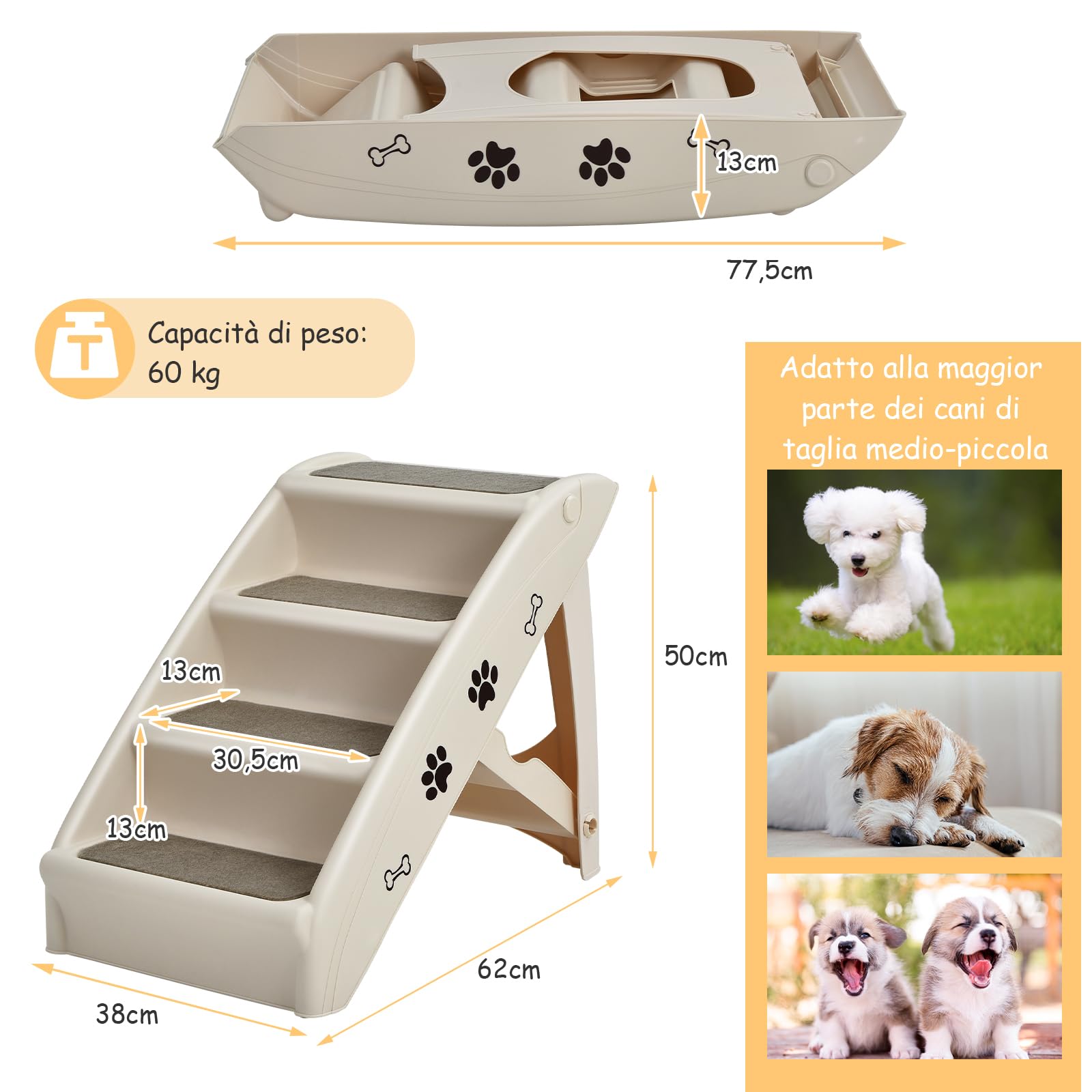 GYMAX Scaletta Pieghevole per Animali Domestici, Scaletta a 4 Gradini per Gatti e Cani in Plastica con Rivestimento Antiscivolo, Facile da Salire e Scendere, Carico di 60 kg, 62 x 38 x 50 cm (Beige)