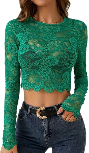 SamHeng Sexy Top de Cortes de Encaje para Mujer, Flor de Bordado Top de Manga La