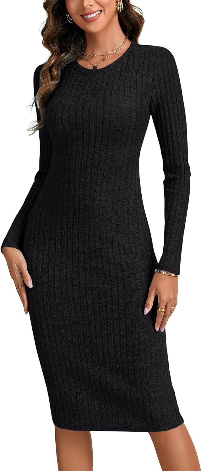 LYANER Women's Ribbed Knit Slim Fit Crewneck Long Sleeve Casual Fall Bodycon Midi Dress Black X-Large - Image 2