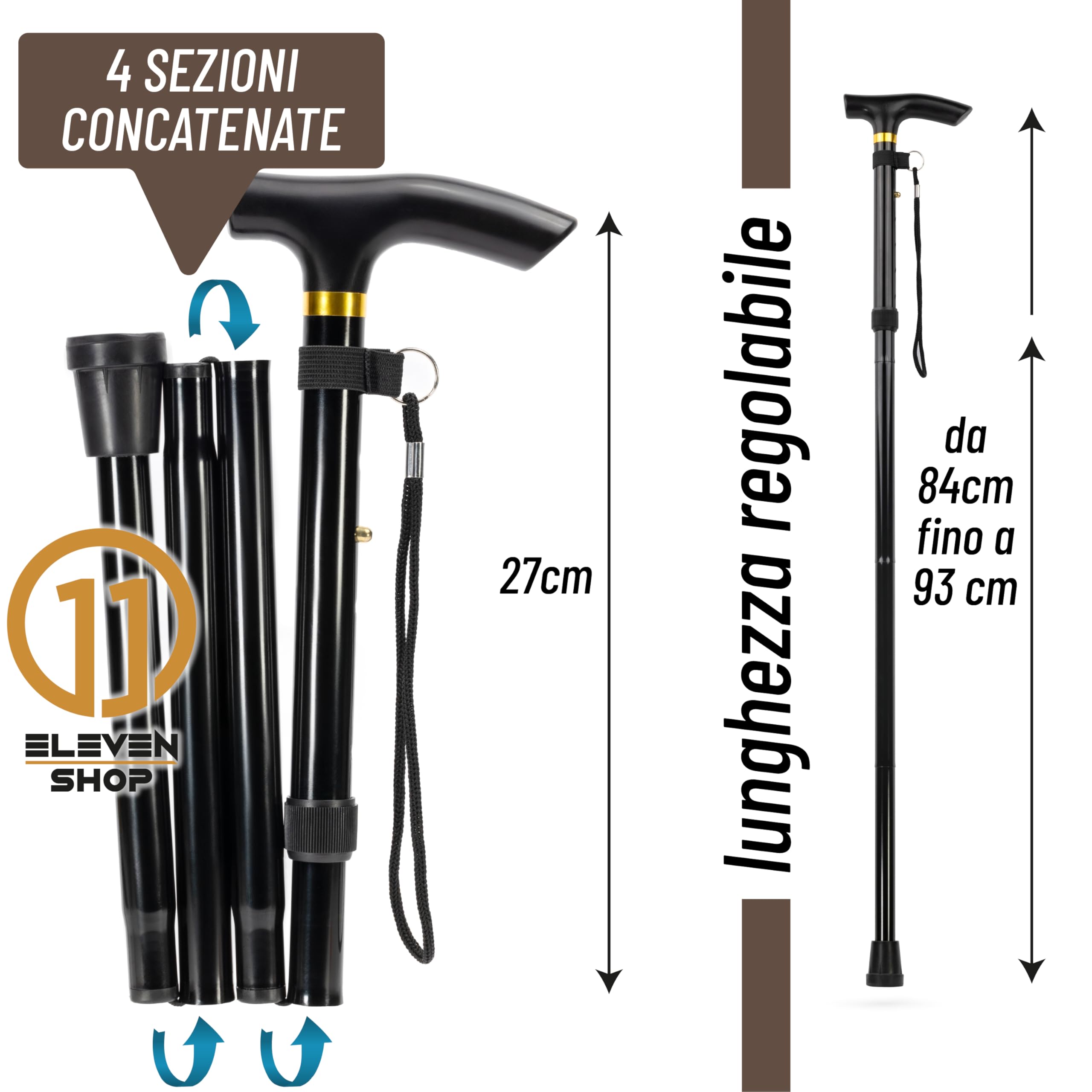 Bastone per Anziani in Alluminio, Leggero e Pieghevole – Regolabile in Altezza con Impugnatura Antiscivolo (nero)