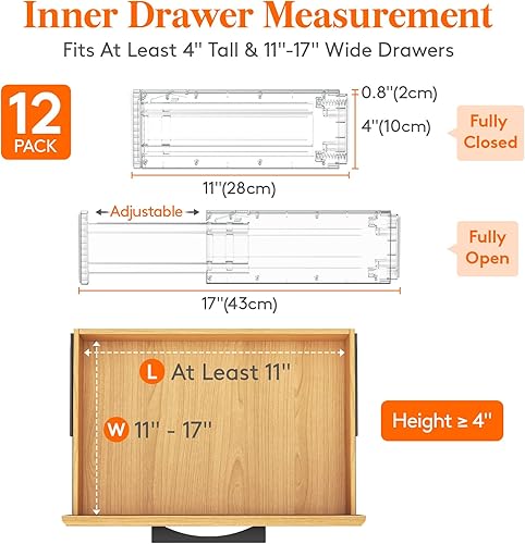 Miniatura 2 de Lifewit Separadores de cajones transparentes ajustables para cajones de ropa, separadores de cajones expandibles, paquete de 12, 4 pulgadas de