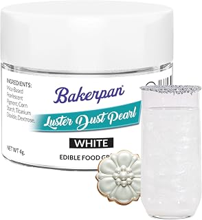 Bakerpan Pearl Luster Dust Edible, White Edible Glitter for Cocktails, 4 Grams Edible Glitter for Cake Decorating, Cookies, Chocolates and Candies, Drinks (Made in USA)