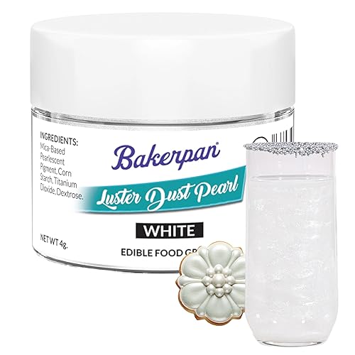 Bakerpan Polvo de polvo brillante de perlas comestible, color blanco, brillante, 0.14oz, purpurina para decorar pasteles, galletas, chocolates y