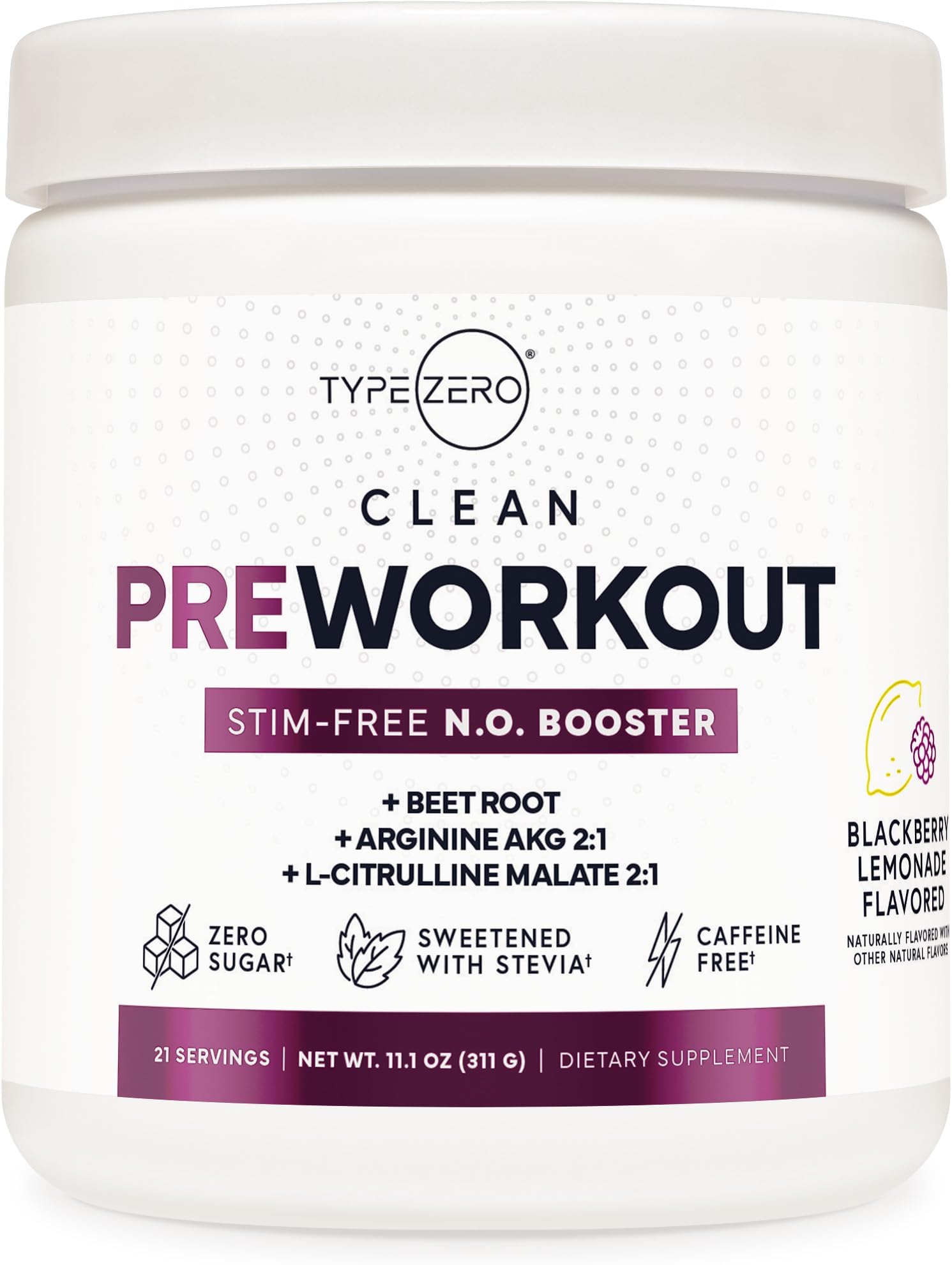 Type ZeroUltra Clean Stim Free Pump Pre Workout (Blackberry Lemonade) Beetroot, Arginine, Citrulline Malate, Betaine, Beta A, ACV+ Sugar/Caffeine Free Non Stim Preworkout Men & Women