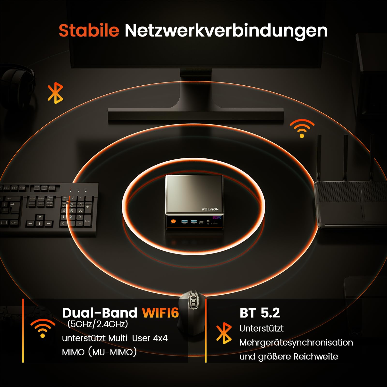 PELADN Gaming Mini PC mit AMD Ryzen 5 5600H, 16GB RAM, 512GB SSD, kompakter Micro PC mit 4K Triple Display, Dual 2.5G LAN, WiFi 6, BT 5.2 und HDMI/DP/Type-C für Büro und Multimedia
