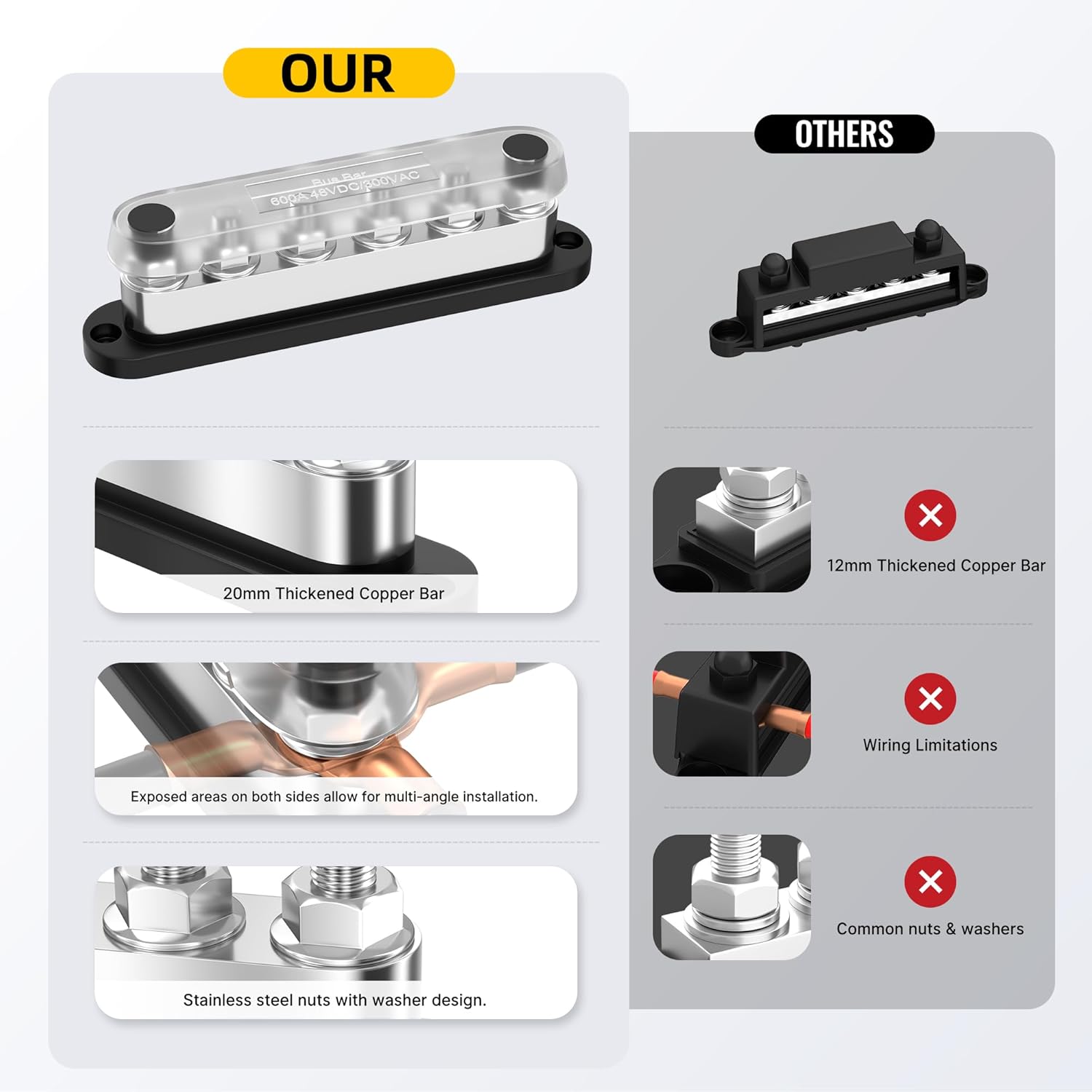 600A Power Distribution Block 12V Bus Bar 6 x 3/8" (M10) Terminal Studs 12 Volt Battery Busbar for Boat Automotive Solar