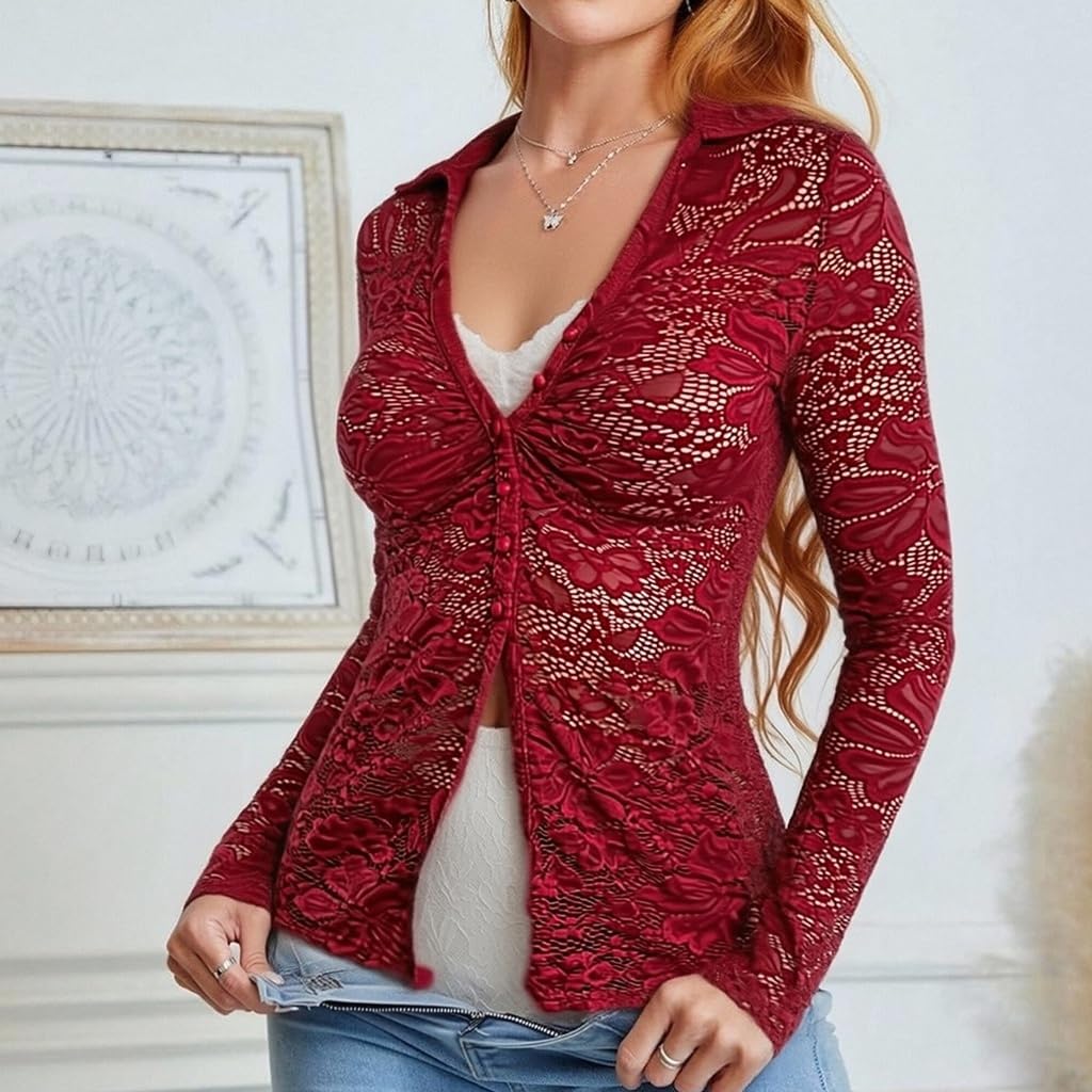 Lace Tops for Women Hollow Out See Through Button Long Sleeve Club Date Night Sheer Shirts Sexy Tops for Women 2026