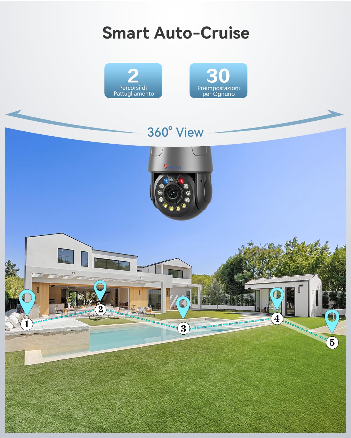 Ctronics 4K 8MP 30X 3D Zoom Ottico Telecamera da Esterno WiFi,Metallo | Auto Tracking/Cruise/Zoom, Rilevamento Persone/Veicoli/Animali, Visione Notturna 150M, Allarme Luci R&B, WiFi 2,4/5GHz