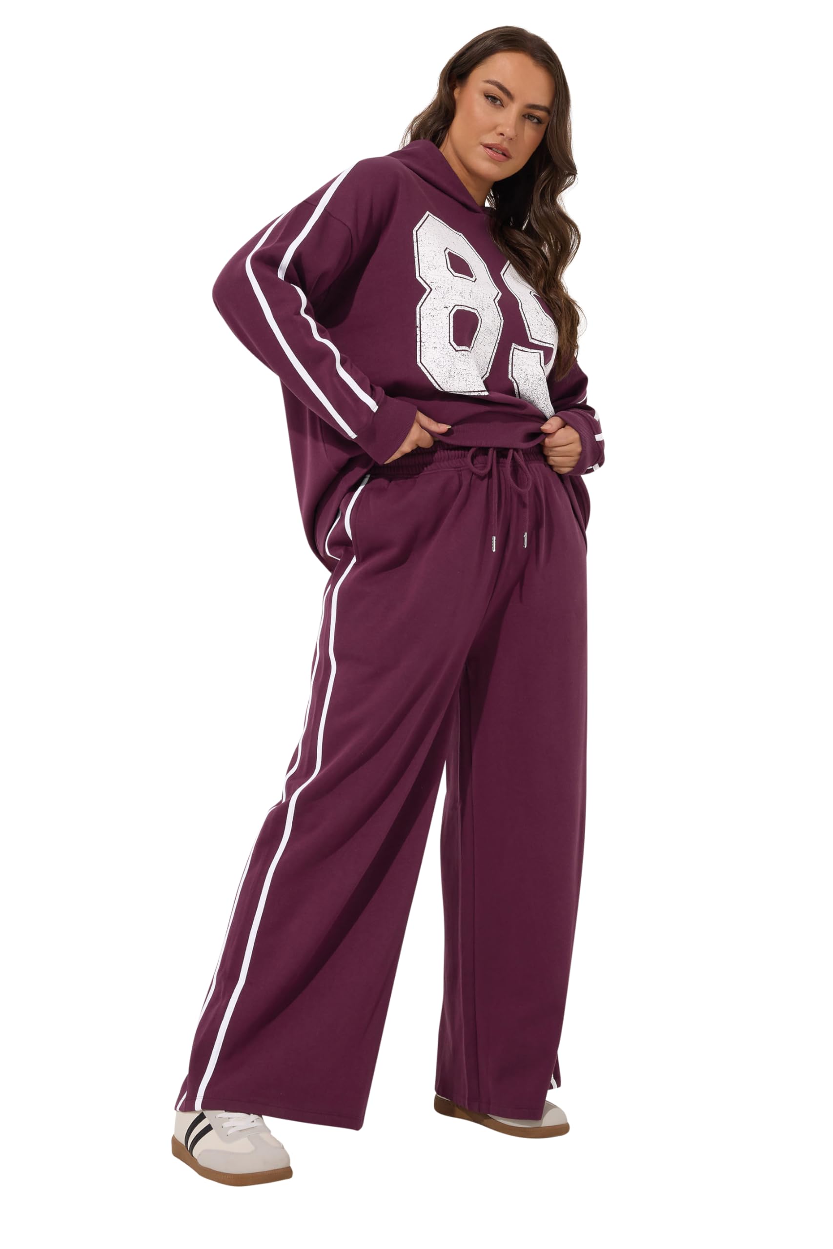 Yours Women's Burgundy Curve Red Side Stripe Wide Leg Joggers - Plus Size Curve