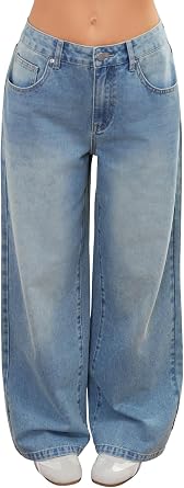Adjustable Waist Straight Leg Jeans for Women Y2K Baggy Jeans with Snap-Button High Rise Denim Pants