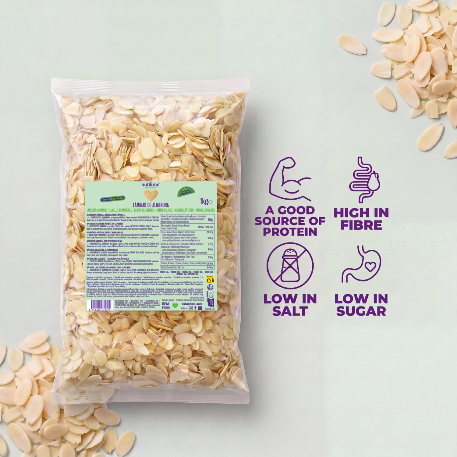 Almendra laminada 1 kg nut&me | Láminas de almendra pelada | Almendras crudas | Sin aditivos ni conservantes | Fuentes de proteínas | Sin sal | Roscon de reyes |