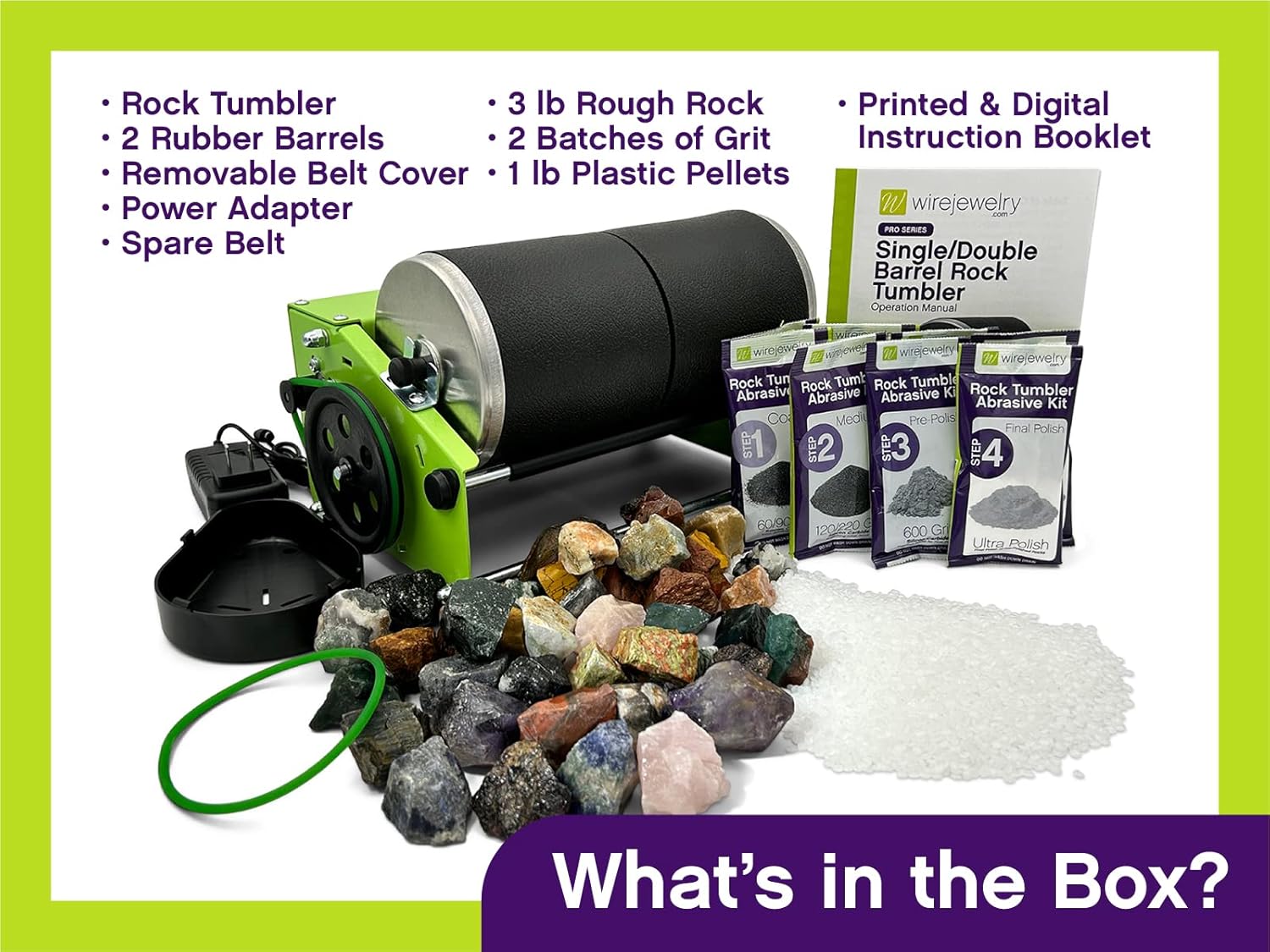 WireJewelry Pro-Series Double Barrel Rock Tumbler Kit - Includes 3 Pounds of Gemstones of The World Stone Mix and 2 Batch of 4 Step Abrasive Grit and Polish with Plastic Pellets