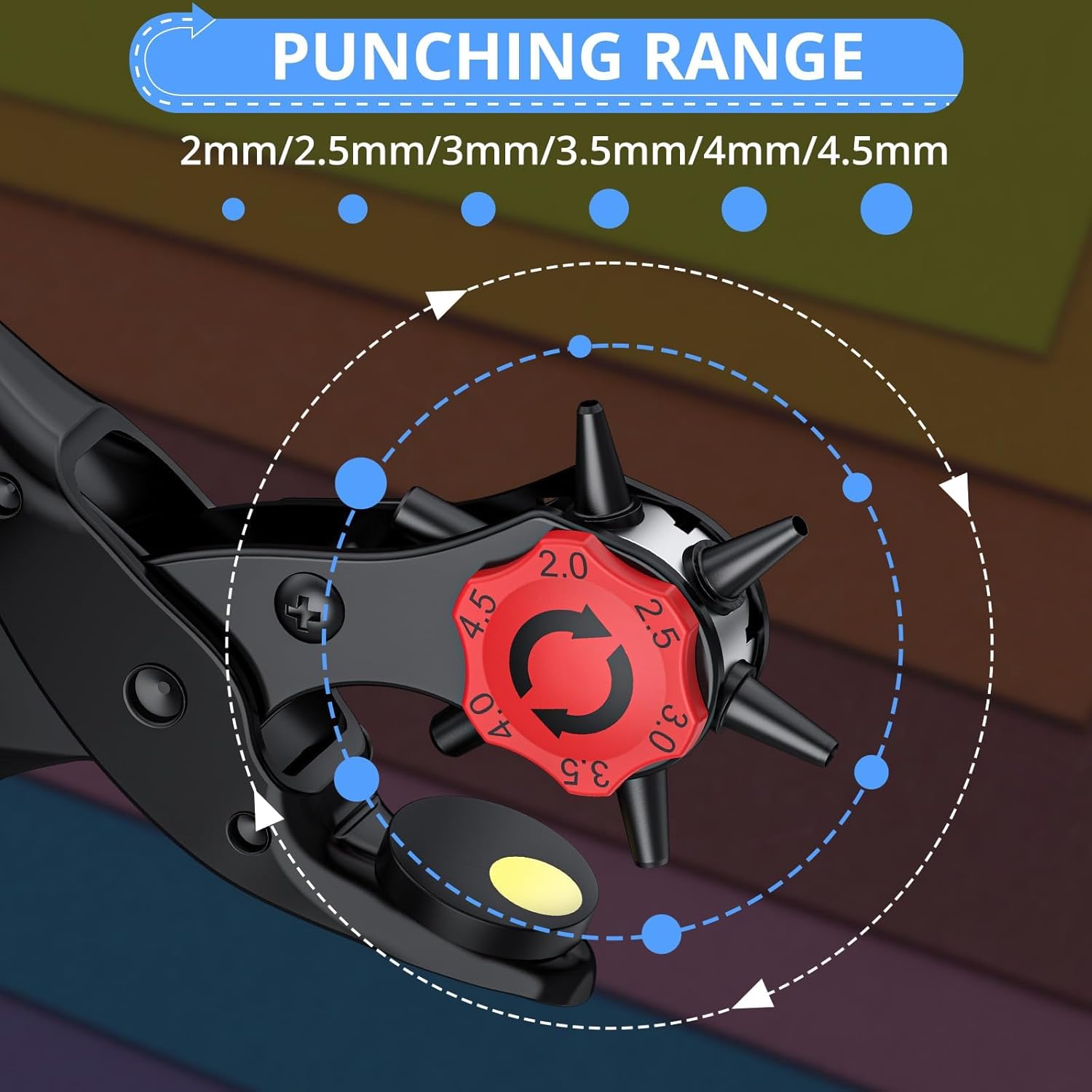 CAMWAY Leather Hole Punch,6Size Revolving Punch Plier Kit Leather Punches Belt Hole Puncher + 240 Set Leather Rivets Double Cap Rivet Hole Puncher for Crafting,Dog Collars,Shoes,Fabric,Paper DIY